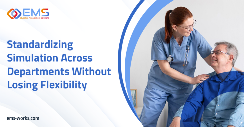 Banner: nurse in scrubs assisting an older man, promoting standardized medical simulations across departments.