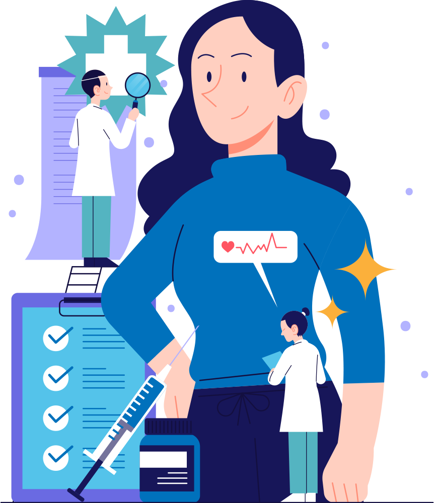 Large woman in blue with syringe, clipboard checklist, and a small doctor researching a chart—conveys vaccination and healthcare.