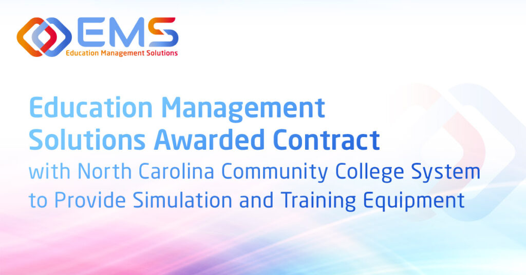EMS Education Management Solutions logo and headline about awarded NC Community College System contract for simulation and training equipment