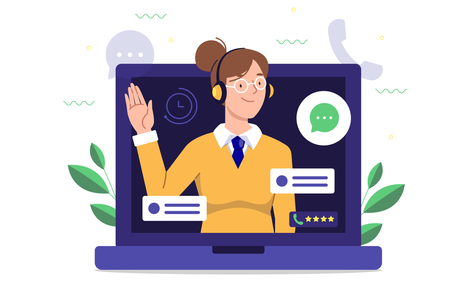 Customer support representative on a laptop screen wearing a headset, waving, with chat bubbles and icons around them.