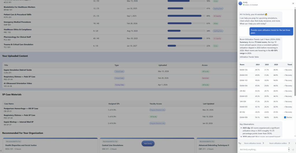 Course dashboard showing multiple courses with progress bars and due dates, plus a right-side chat/help panel open for Emily's assistant.