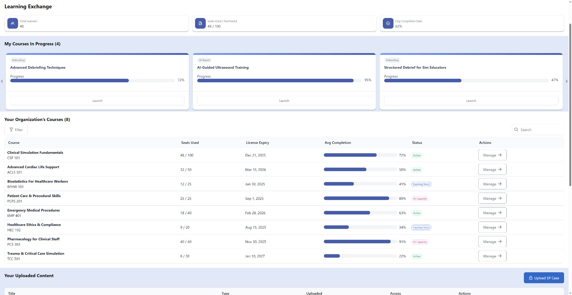 Dashboard showing Learning Exchange with summary cards (Learners, Seats Used, Org Completion) and two course carousels: My Courses In Progress (4) and Your Organization's Courses (8).