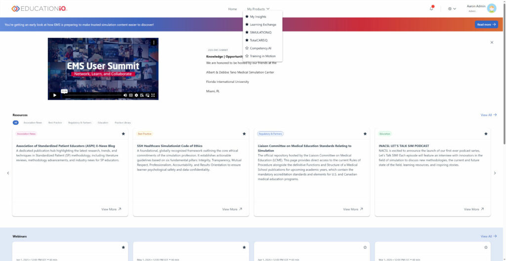 EducationIO dashboard: EMS User Summit video thumbnail on the left, summary text on the right, and a grid of resource cards below.