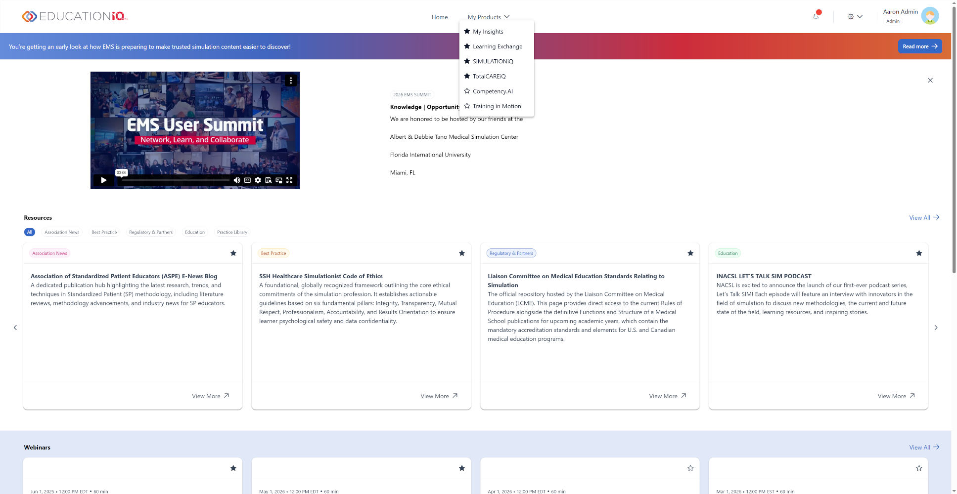 EducationIO dashboard: EMS User Summit video thumbnail on the left, summary text on the right, and a grid of resource cards below.