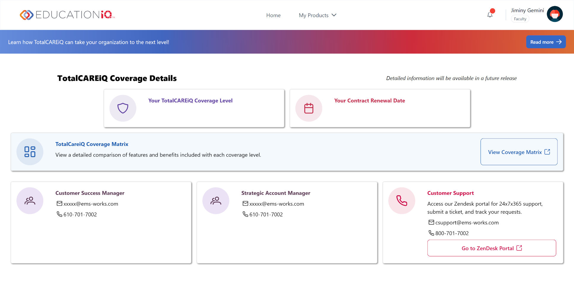 TotalCAREiQ Coverage Details dashboard with tiles for coverage level and renewal date, a blue Coverage Matrix banner, and staff cards below.
