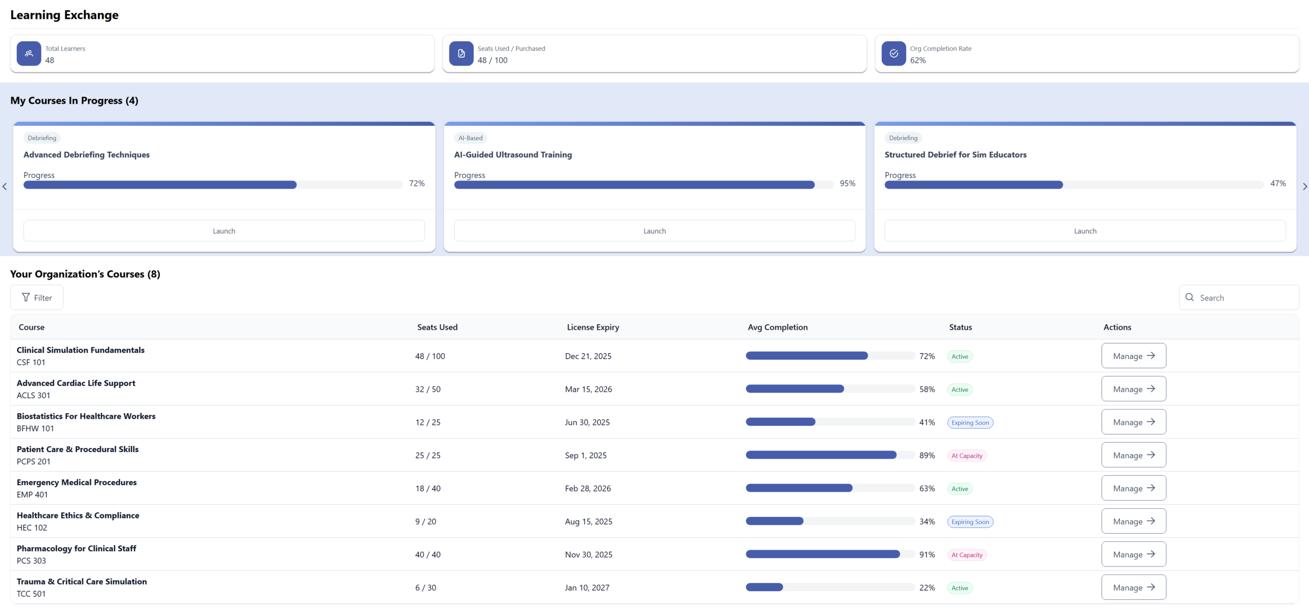 Learning Exchange dashboard with summary cards and a list of courses showing progress and status badges at a glance on the page top-to-bottom.
