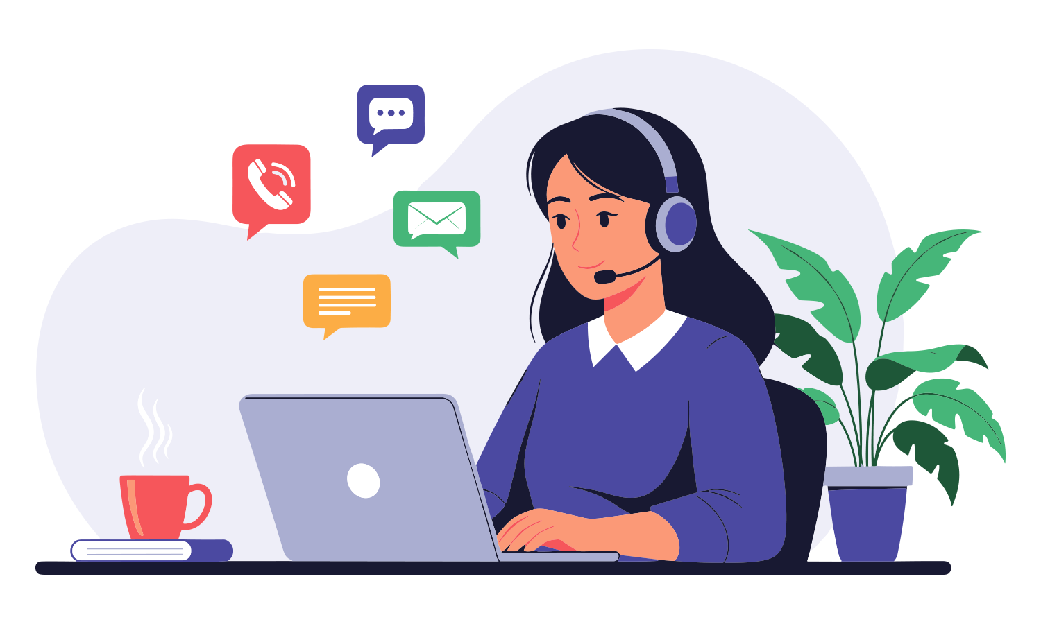 Support agent with headset working at a laptop, with floating chat and email icons above the desk and a coffee mug nearby.