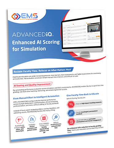 Promotional banner for EMS: Advanced AI Scoring for Simulation, with a monitor graphic and the slogan 'Reclaim Faculty Time.'