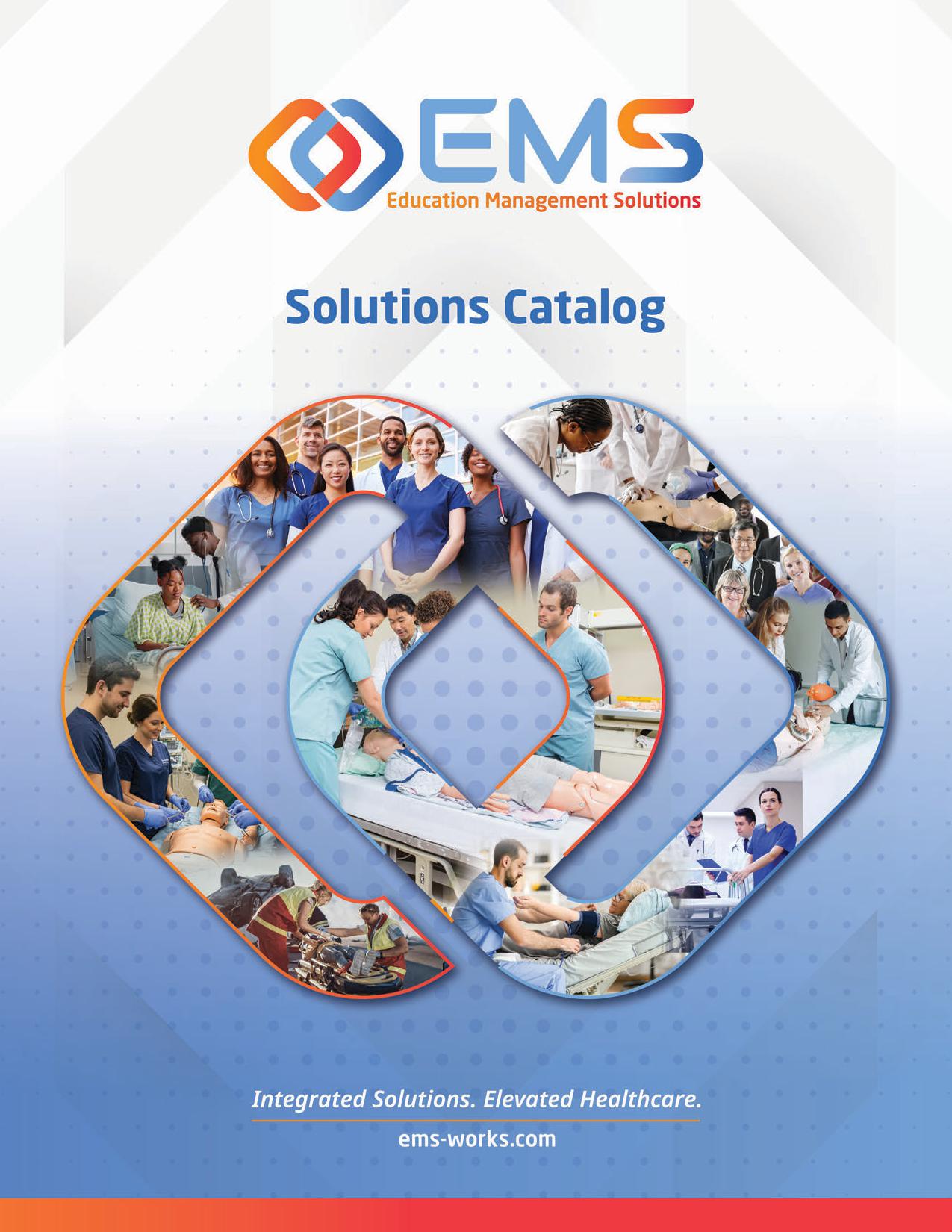 EMS Solutions Catalog cover featuring a collage of healthcare professionals inside a large 23-shaped design and the EMS logo (Integrated Solutions. Elevated Healthcare).