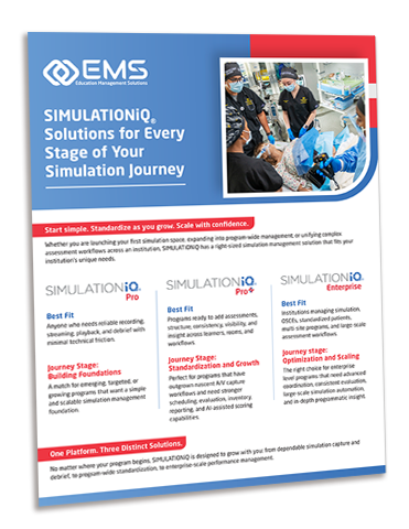 EMS SIMULATIONiQ brochure cover with blue/red branding; top-right shows a medical team in a simulation, highlighting Best Fit and Journey Stages.